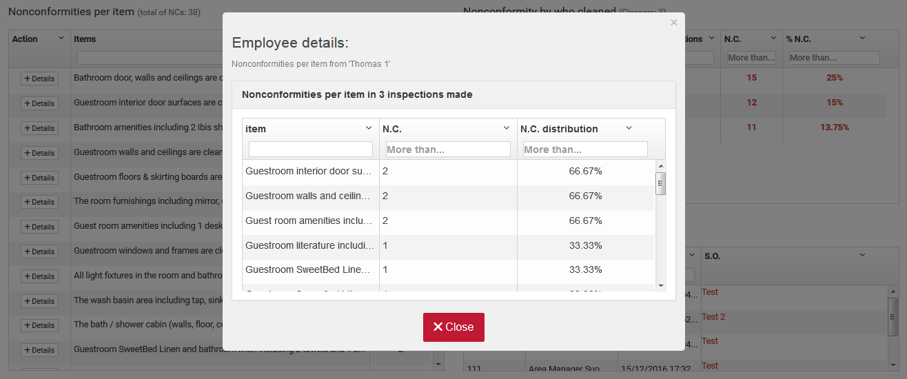 Detalhe das Não conformidades da arrumadeira 